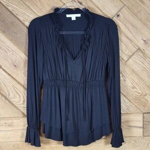 Boston Proper Blouse Womens XS Smocked Waist Ruffle Neck Tiered Hem Black